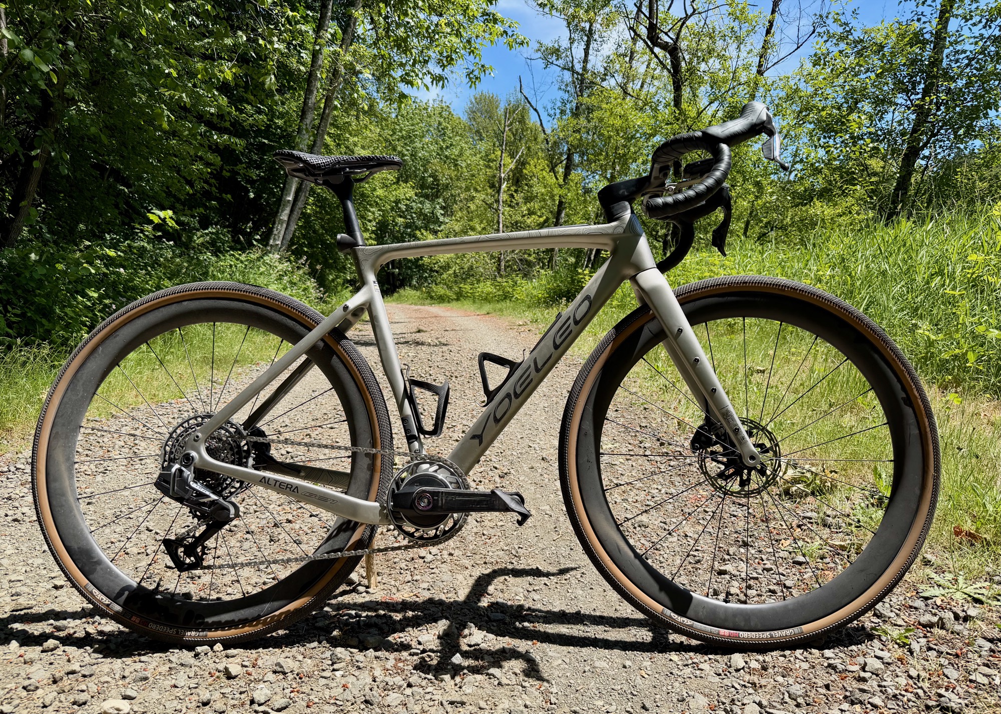 Champagne Yoeleo Altera G21 gravel bike on a sunlit Pacific-Northwest fire road.